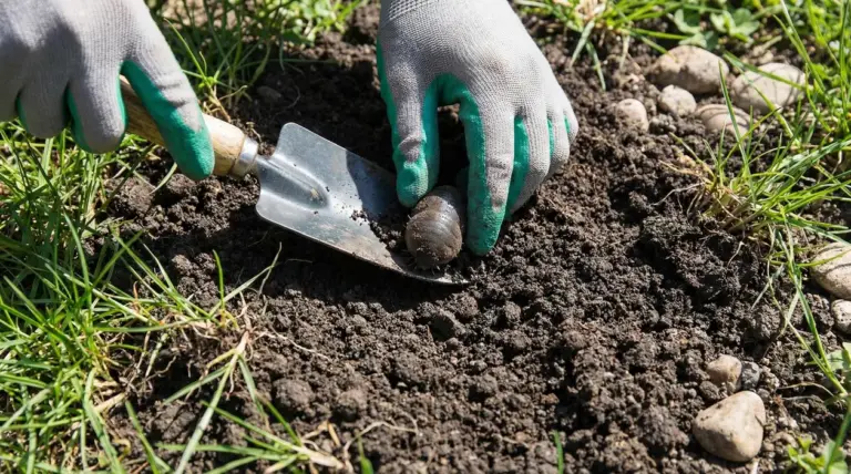 Mani con guanti da giardinaggio scavano nel terreno e trovano un animale nel suolo