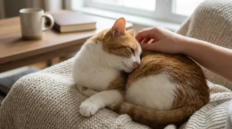 Gatto bianco e arancione coccolato da una persona su una coperta di lana