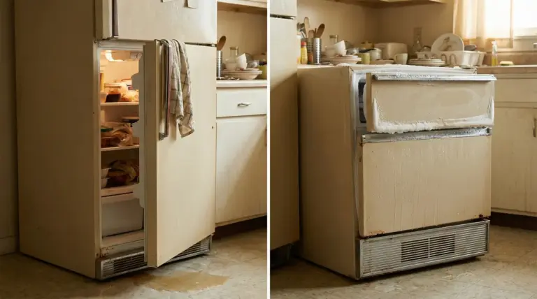 Vecchio frigorifero in una cucina con segni di ruggine e perdite d'acqua