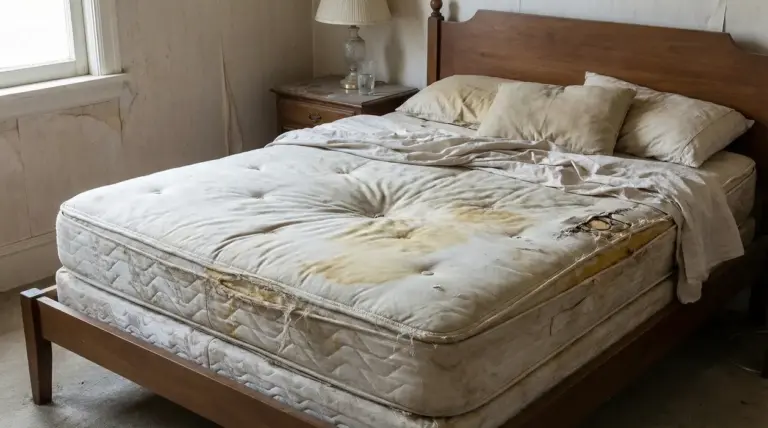 Materasso vecchio e usurato con macchie evidenti su un letto in una stanza.