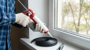 Persona sigilla una finestra con pistola per silicone e guarnizione adesiva