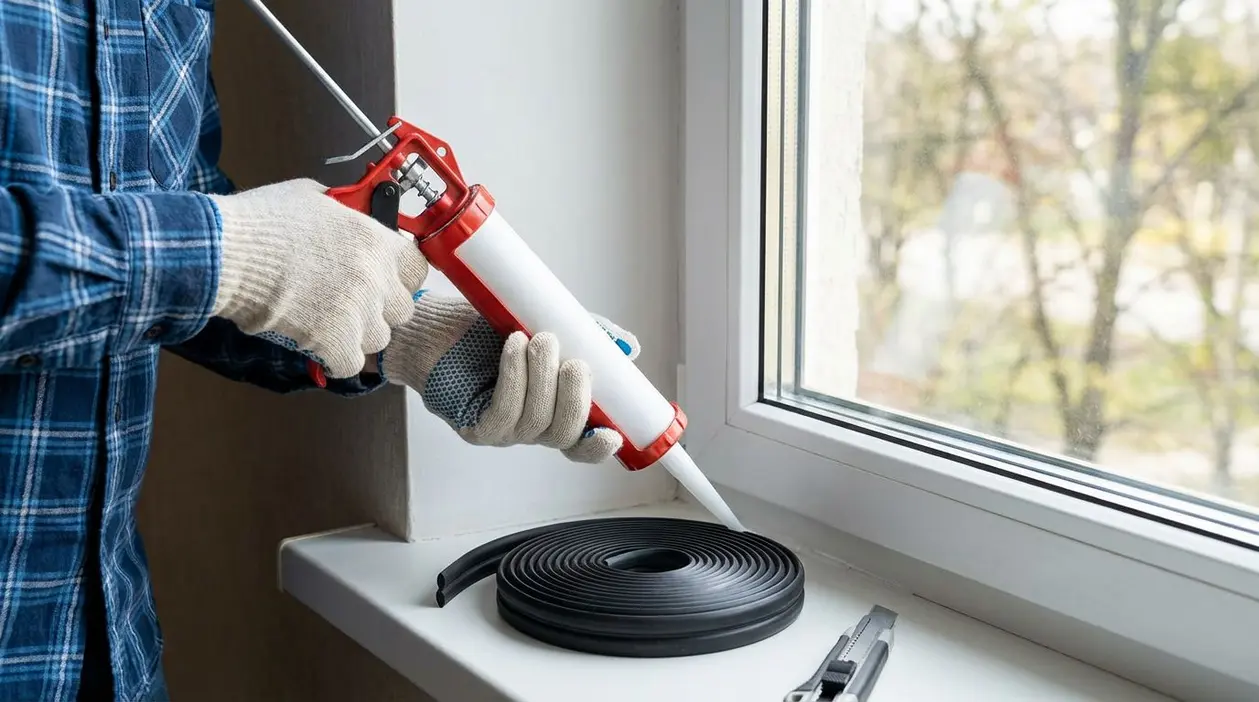 Persona sigilla una finestra con pistola per silicone e guarnizione adesiva