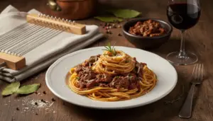 Piatto di spaghetti alla chitarra con sugo di cinghiale su tavolo rustico