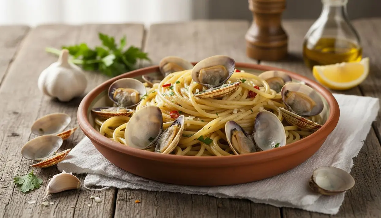 Piatto di spaghetti con vongole veraci servito in un piatto di terracotta su tavolo rustico