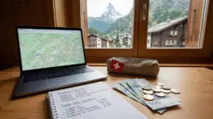 Scrivania con computer, soldi svizzeri, quaderno e vista sulle Alpi dalla finestra