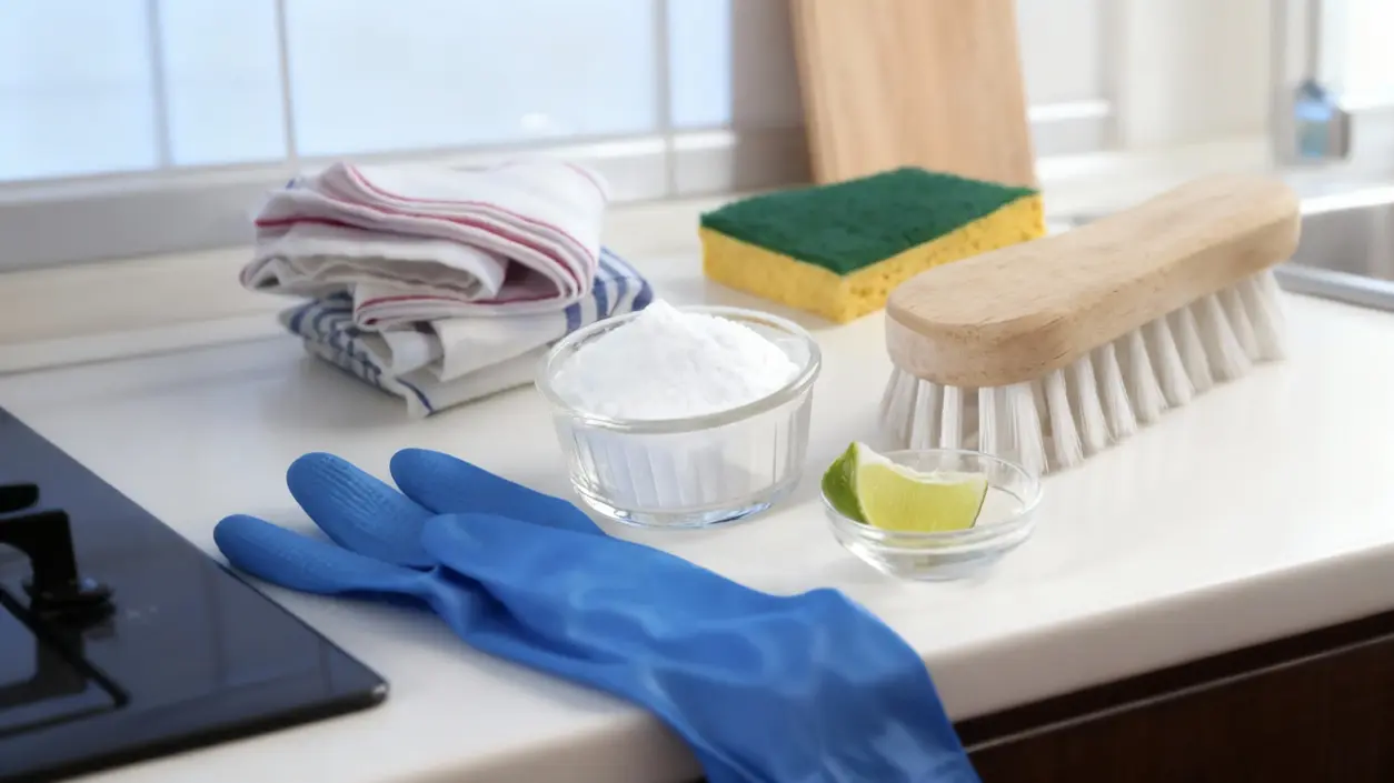 Utensili per la pulizia con bicarbonato su una superficie della cucina
