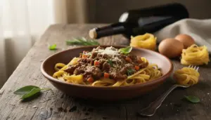 Piatto di tagliatelle al ragù di anatra servito su tavolo rustico con ingredienti intorno