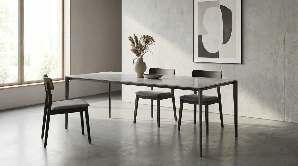 Tavolo di design moderno con quattro sedie in una sala minimalista