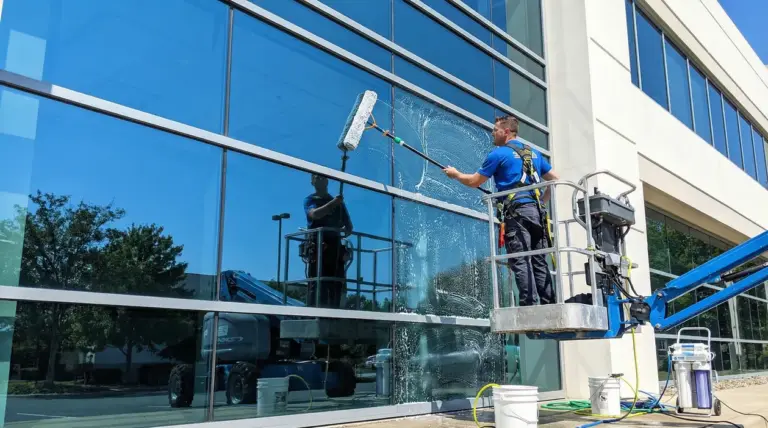 Persona su piattaforma mobile lava i vetri esterni di un edificio con attrezzatura professionale