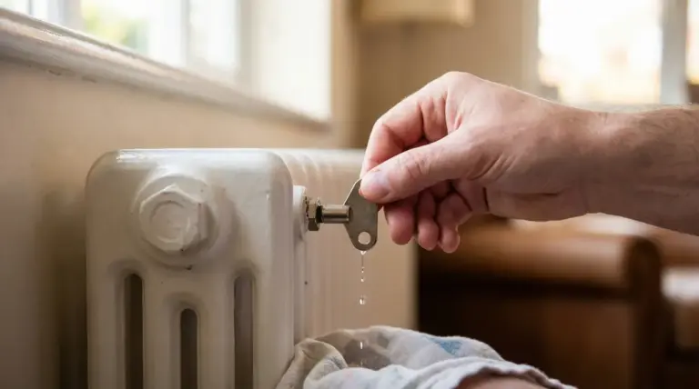 Una mano usa una chiave per sfiatare un termosifone da cui esce dell'acqua