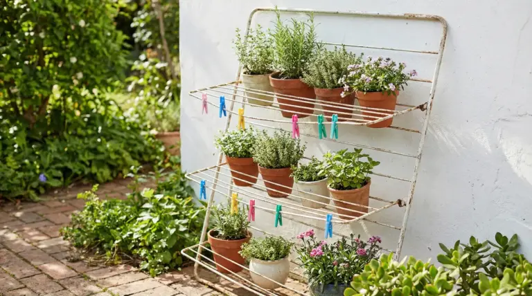 Vecchio stendino riutilizzato come supporto per vasi di piante aromatiche in un giardino
