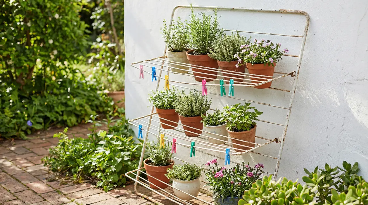 Vecchio stendino riutilizzato come supporto per vasi di piante aromatiche in un giardino