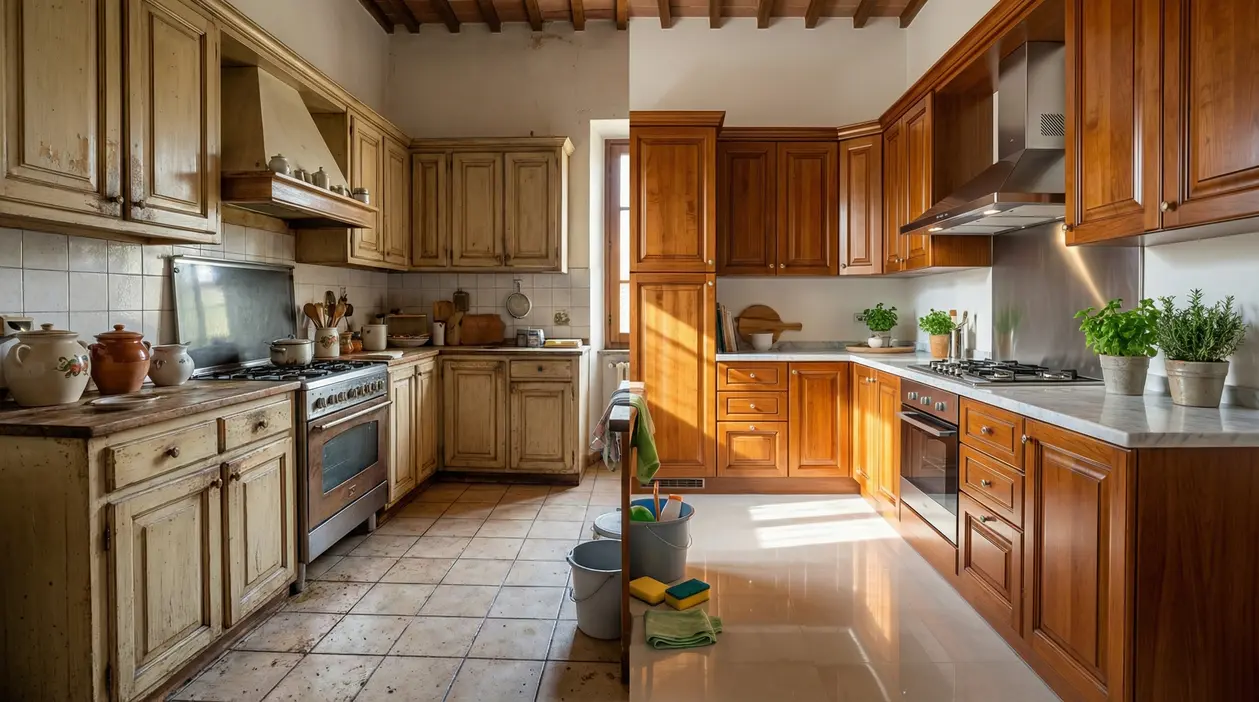 Cucina divisa a metà tra uno stile vecchio e uno rinnovato con mobili in legno