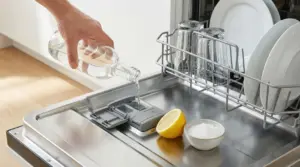 Una mano versa aceto nella vaschetta di una lavastoviglie aperta con piatti e bicchieri puliti