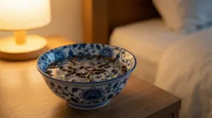 Ciotola decorata con acqua e chiodi di garofano su un comodino accanto a un letto