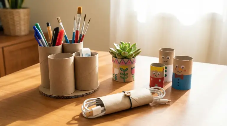 Rotoli di carta igienica riutilizzati come portapenne, porta cavi e decorazioni fai-da-te su un tavolo.