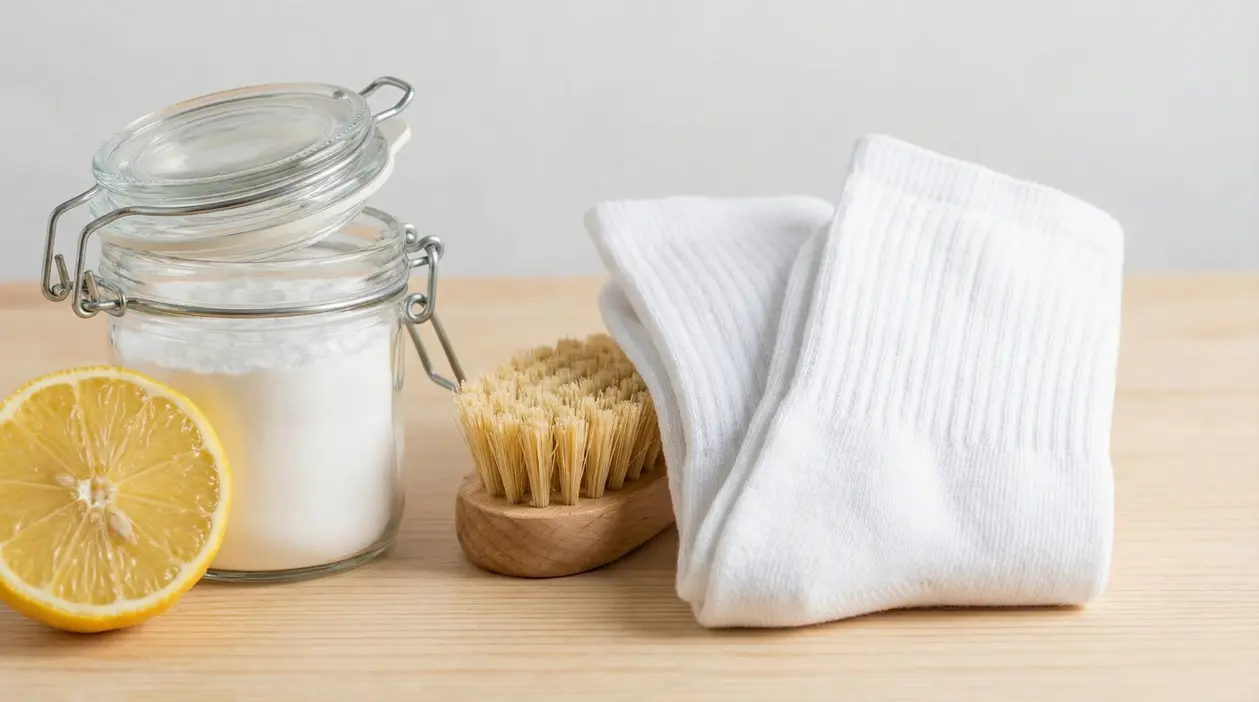 Calzini bianchi accanto a limone, barattolo di bicarbonato e spazzola su fondo in legno chiaro