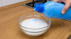 Una mano versa ammorbidente blu in una ciotola di sale grosso su un piano di legno