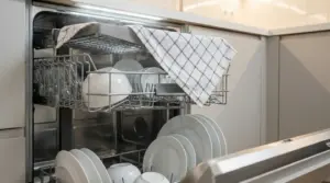 Lavastoviglie aperta con piatti puliti e un panno appoggiato sul cestello superiore