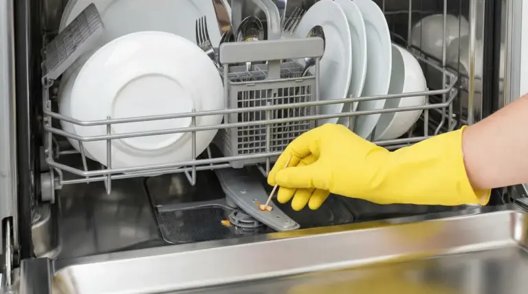 Mano con guanto giallo che pulisce il braccio rotante della lavastoviglie con uno stuzzicadenti