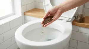 Una mano versa semi naturali all'interno di un water in un bagno luminoso.