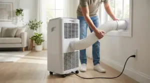 Una persona collega un tubo di scarico a un condizionatore portatile vicino a una finestra