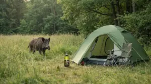 Cinghiale in un prato vicino a una tenda da campeggio verde