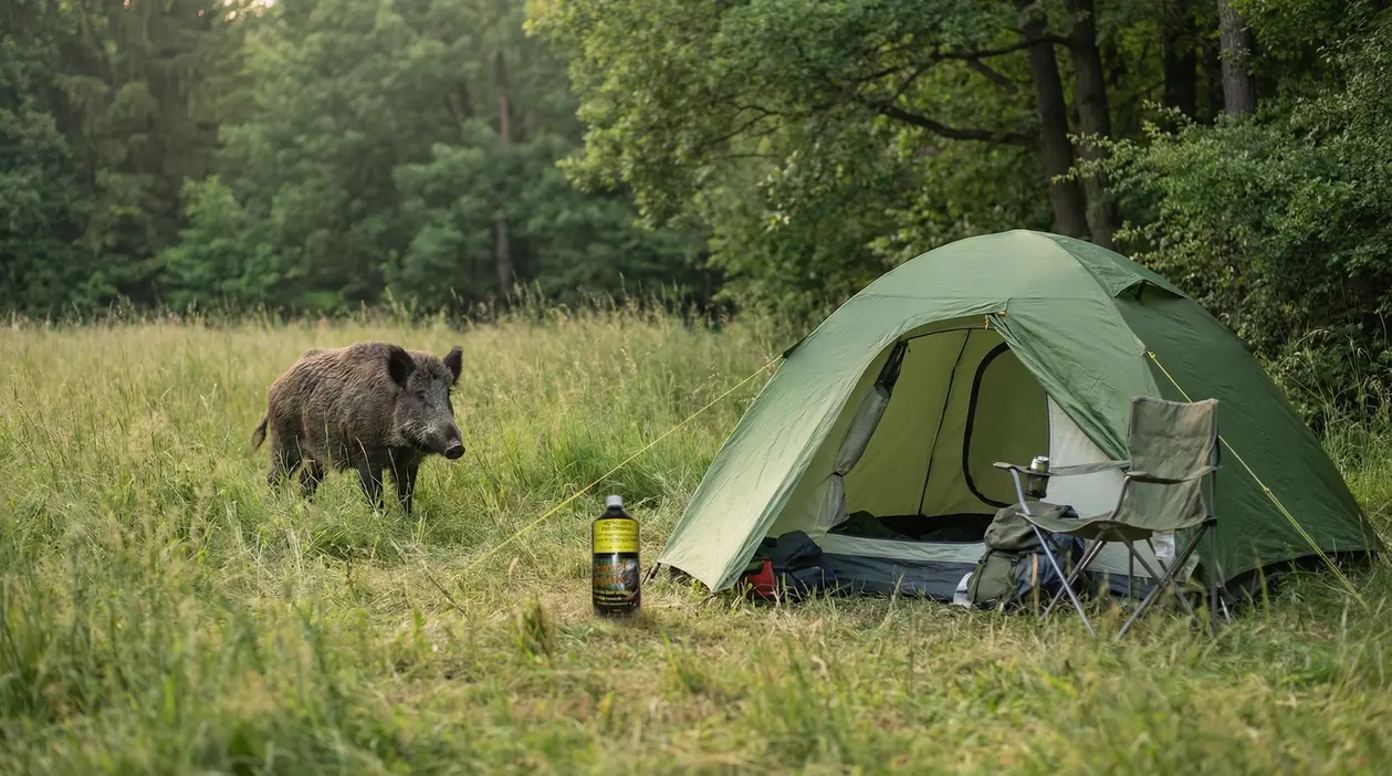 Cinghiale in un prato vicino a una tenda da campeggio verde