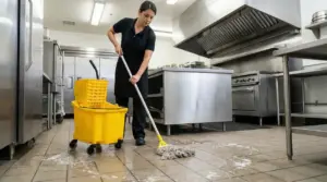 Persona che pulisce il pavimento di una cucina professionale con un mocio e secchio giallo