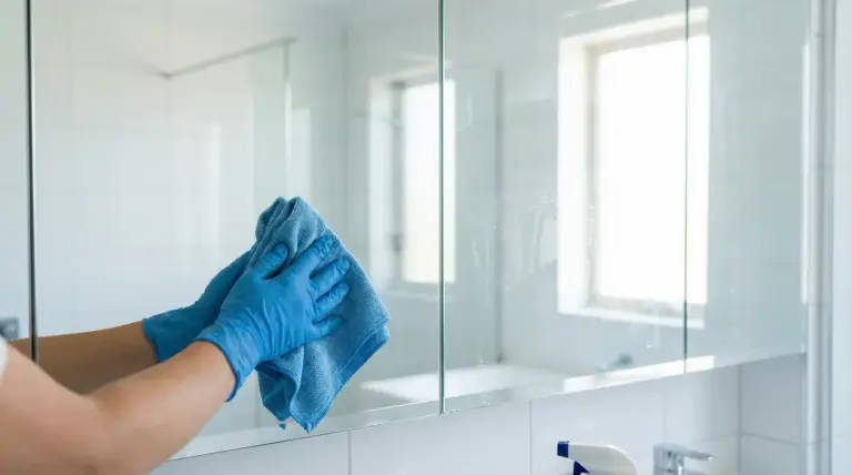 Una persona pulisce uno specchio del bagno con un panno in microfibra e guanti blu