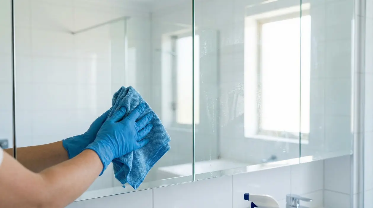Una persona pulisce uno specchio del bagno con un panno in microfibra e guanti blu