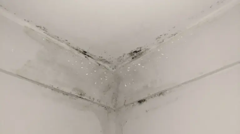 Gocce di condensa e macchie di muffa in un angolo del soffitto di una stanza