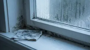 Condensa e muffa sul bordo interno di una finestra in legno bianco