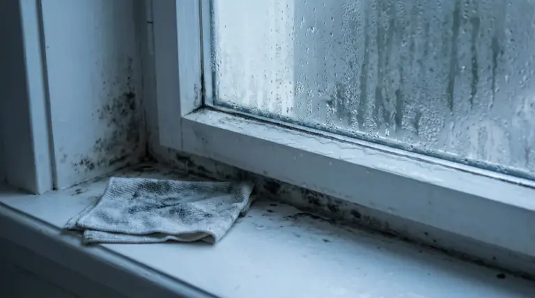 Condensa e muffa sul bordo interno di una finestra in legno bianco