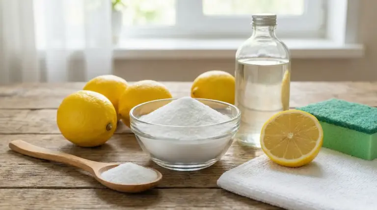Ciotola di acido citrico con limoni, spugna verde, flacone di vetro e cucchiaio di legno su tavolo di legno