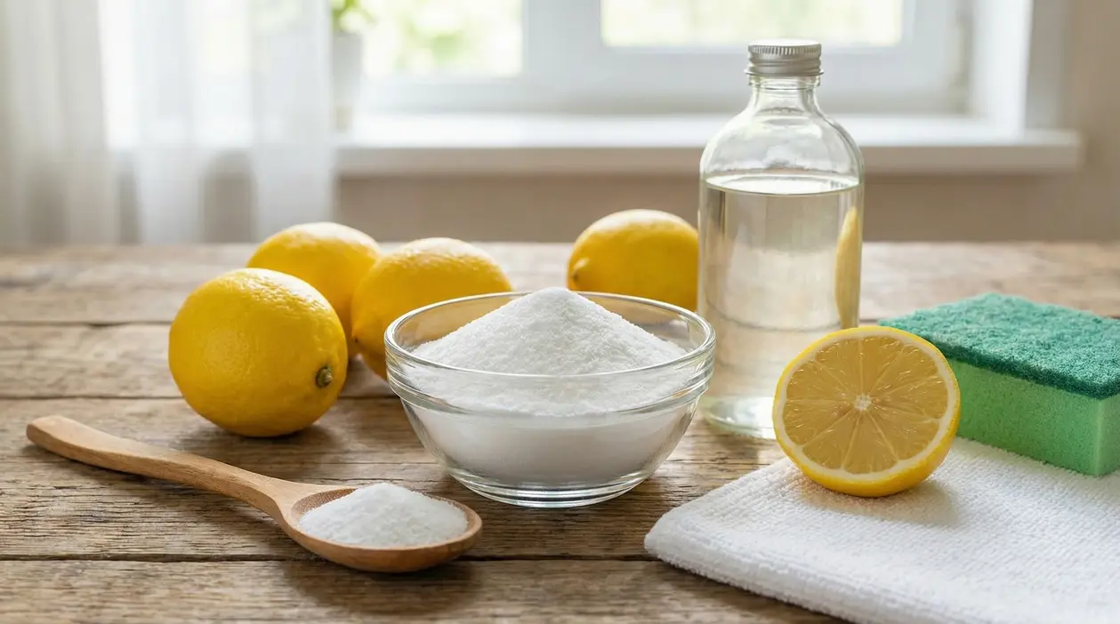 Ciotola di acido citrico con limoni, spugna verde, flacone di vetro e cucchiaio di legno su tavolo di legno