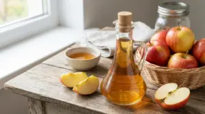 Bottiglia di aceto di mele su un tavolo con mele fresche e una ciotola