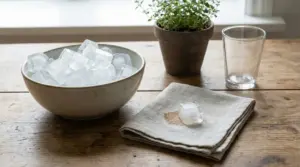 Ciotola con cubetti di ghiaccio su un tavolo di legno accanto a un bicchiere e una pianta in vaso