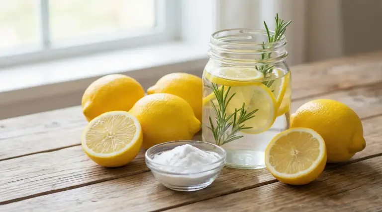 Limoni freschi, un barattolo con acqua, fette di limone, rosmarino e una ciotola con bicarbonato su un tavolo