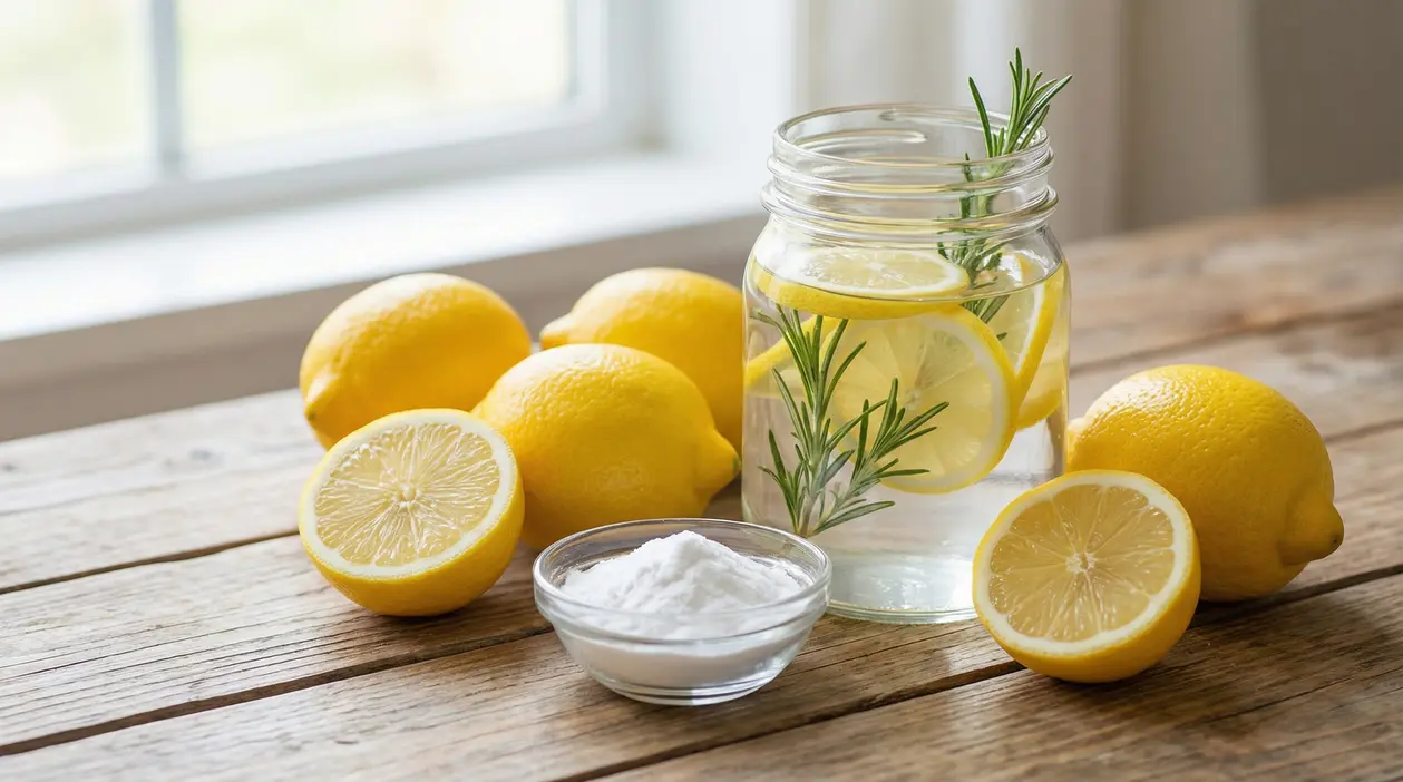 Limoni freschi, un barattolo con acqua, fette di limone, rosmarino e una ciotola con bicarbonato su un tavolo