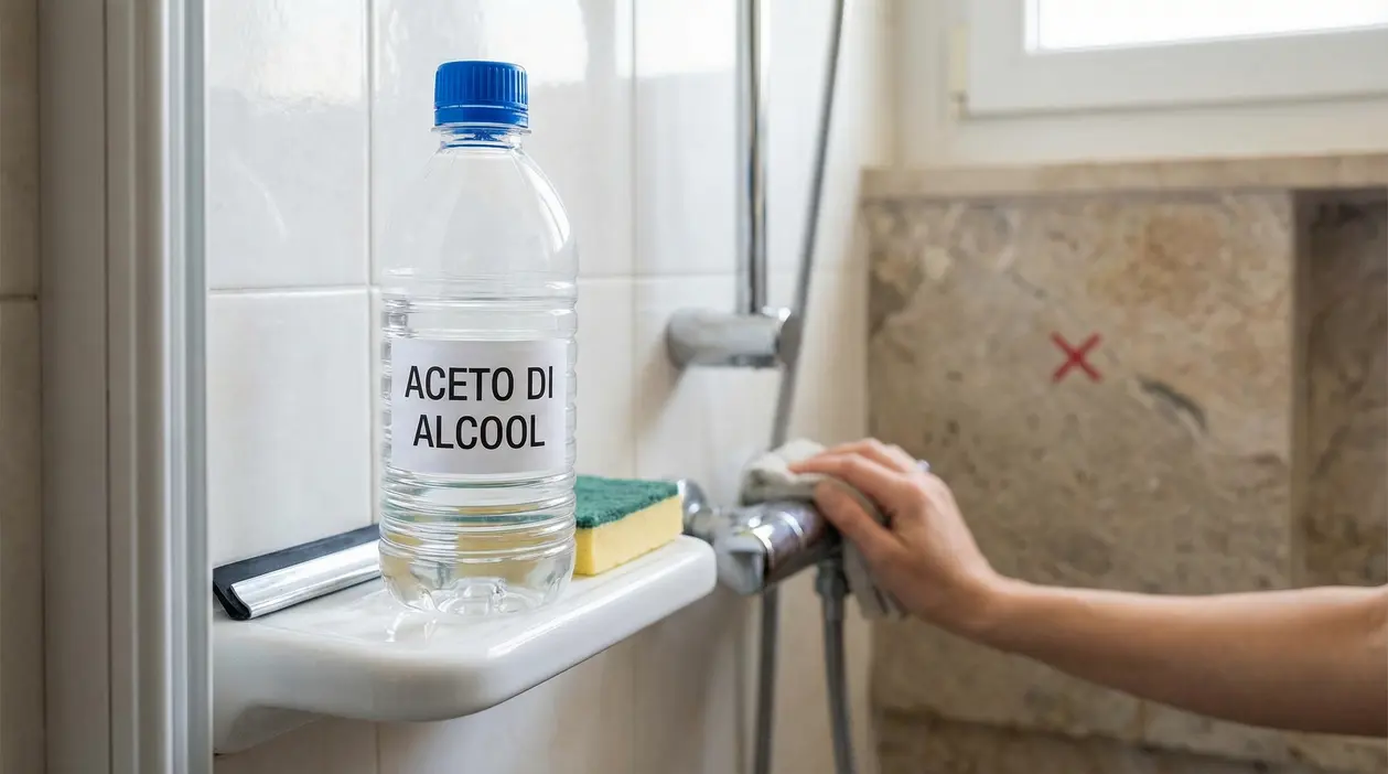 Bottiglia di aceto di alcool in un bagno vicino al miscelatore della doccia