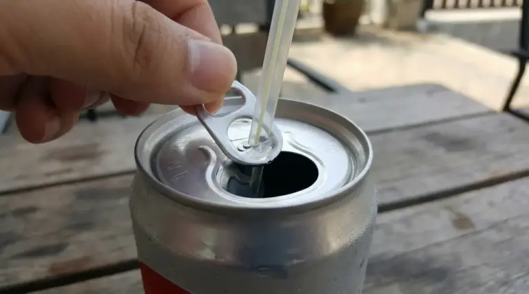 Una mano inserisce una cannuccia nella linguetta di una lattina di bibita