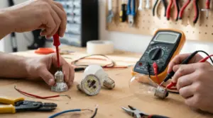 Due persone controllano lampadine con strumenti elettrici su un banco da lavoro