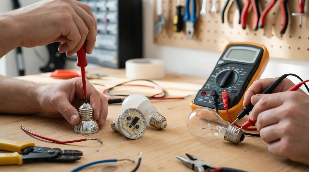 Due persone controllano lampadine con strumenti elettrici su un banco da lavoro