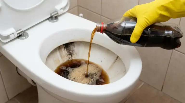 Una mano con guanto giallo versa cola in un water sporco