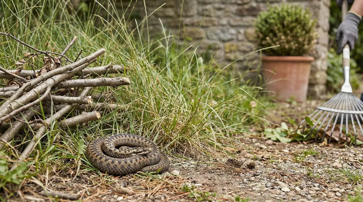Vipera tra l'erba alta in un giardino vicino a rami secchi e attrezzi da giardinaggio