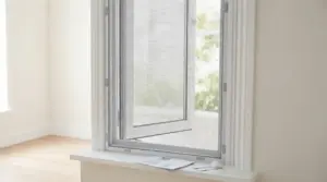 Zanzariera montata su una finestra aperta in una stanza luminosa