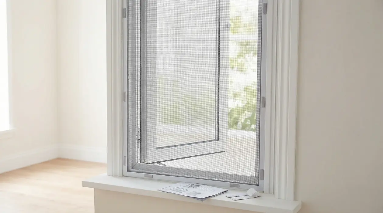 Zanzariera montata su una finestra aperta in una stanza luminosa