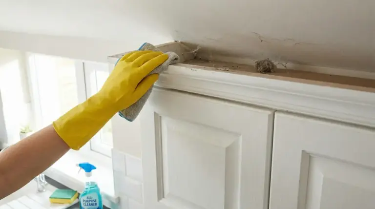 Una mano con guanto giallo pulisce la parte superiore impolverata di un mobile della cucina